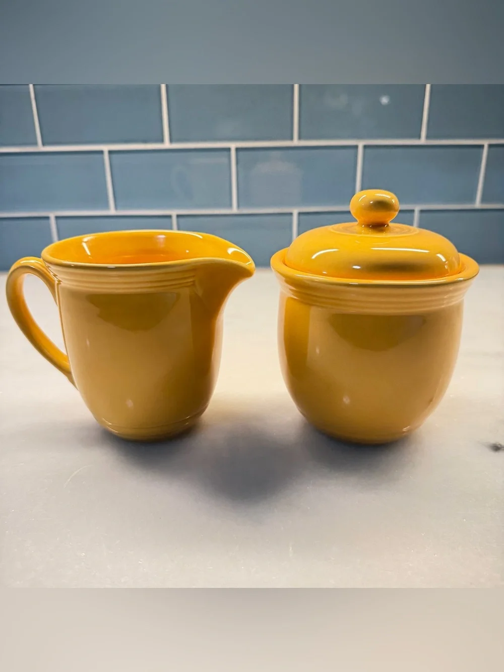 Yellow Ceramic Creamer and Sugar Set with Floral Medallion - Unbranded